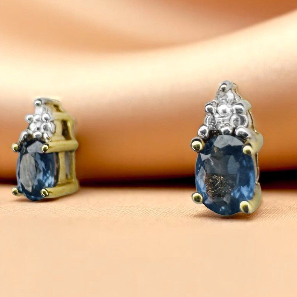 10K Gold- Natural Ceylon Sapphire & Diamond Earrings -1/2CTW -Dainty Blue Studs